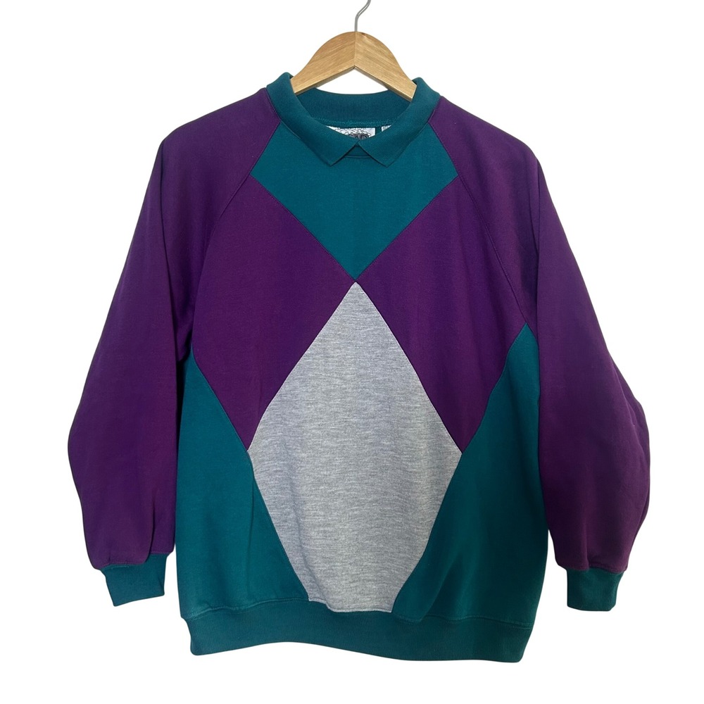 Vintage 90s Cascade Classics Sweatshirt Teal Purple Colorblock Collar Clowncore‎